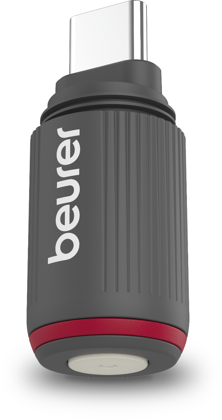 Grauer Adapter mit USB-C-Stecker, rotem Ring und weißem Knopf.