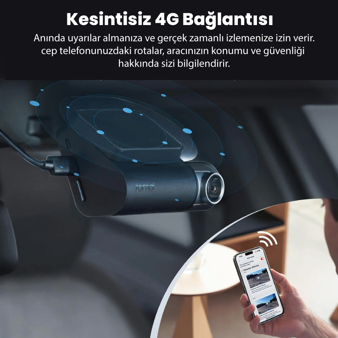 Akıllı telefonda gösterilen 4G bağlantılı araç kamerası.