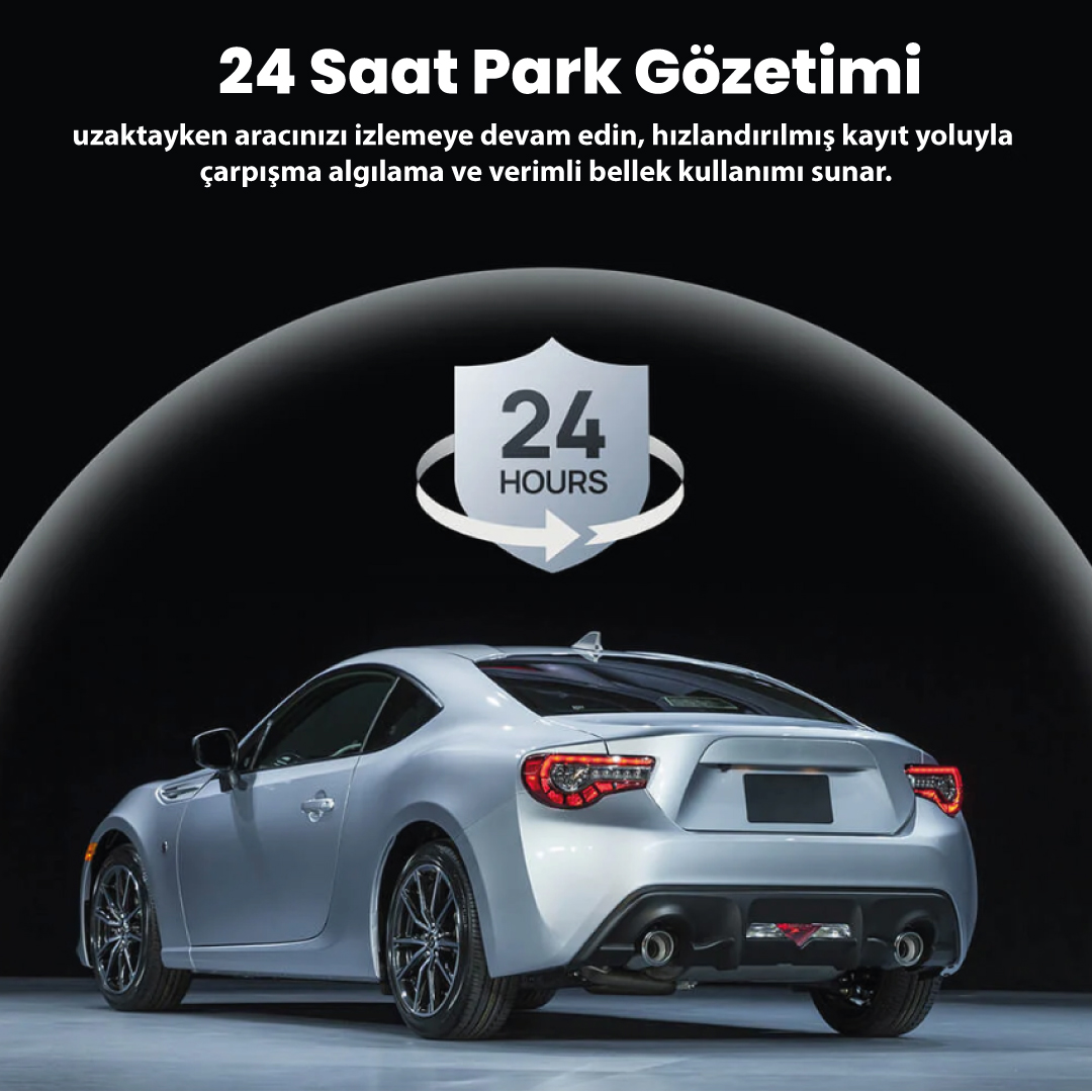 Gümüş spor araba, 24 saatlik gözetim kalkanı ve metin.