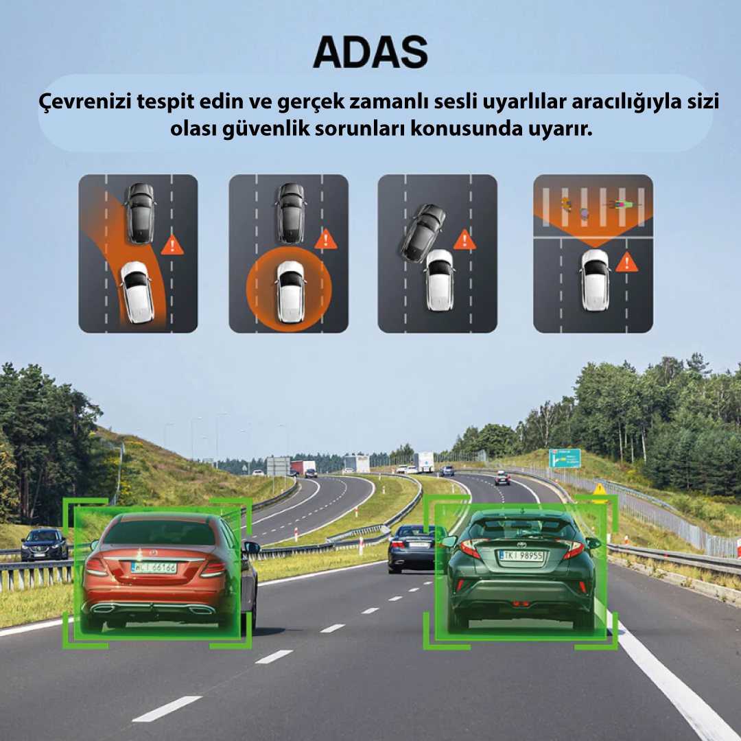 ADAS: Otobanda arabalar, şerit işaretleri ve uyarılar ile.