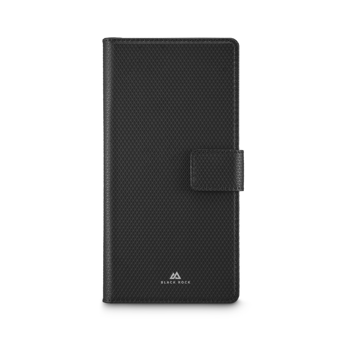 Schwarzes Buch-Etui mit Rautenmuster und Druckknopfverschluss.