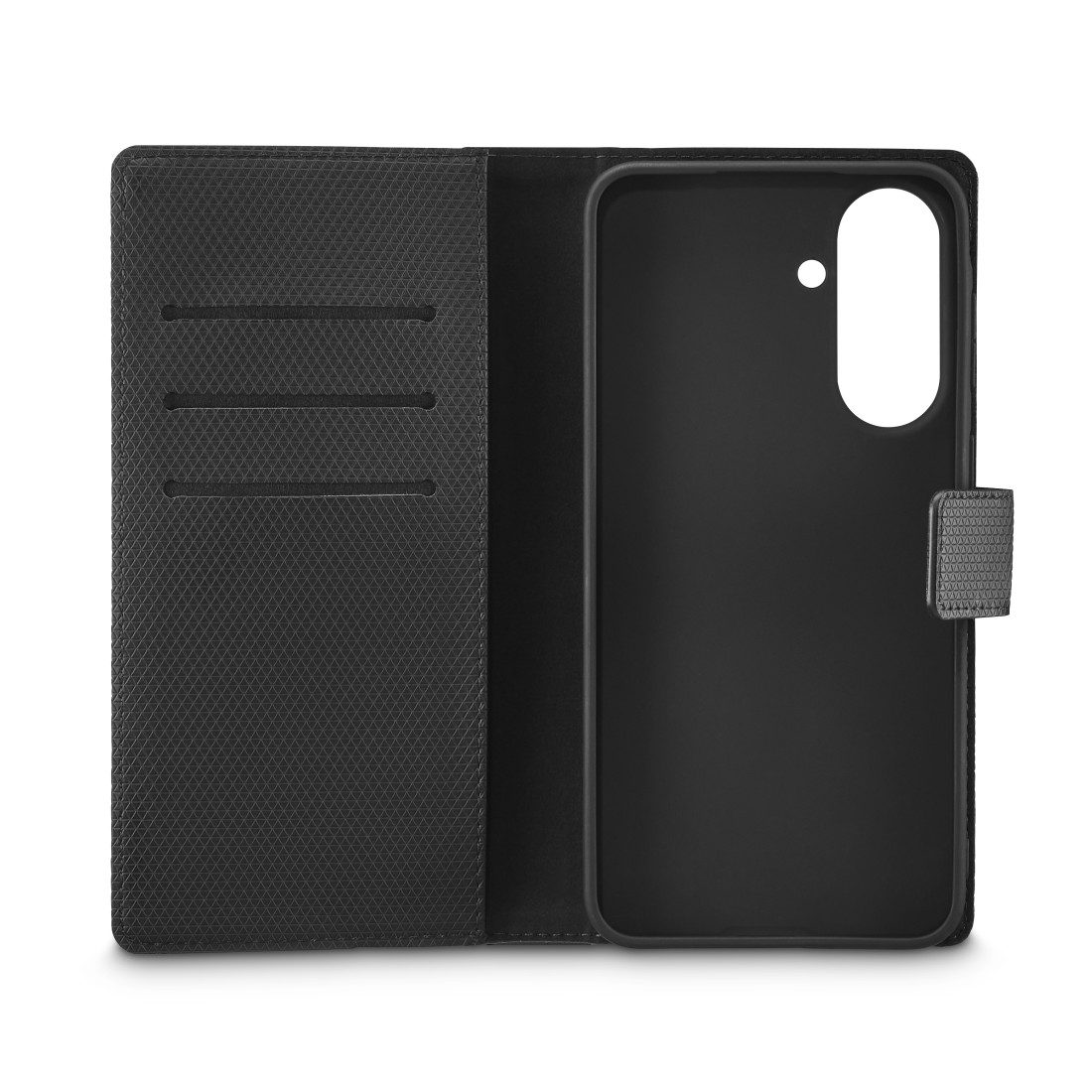 Schwarzes Flip-Case für ein Smartphone mit Kartenfächern und Kameraschlitzen.