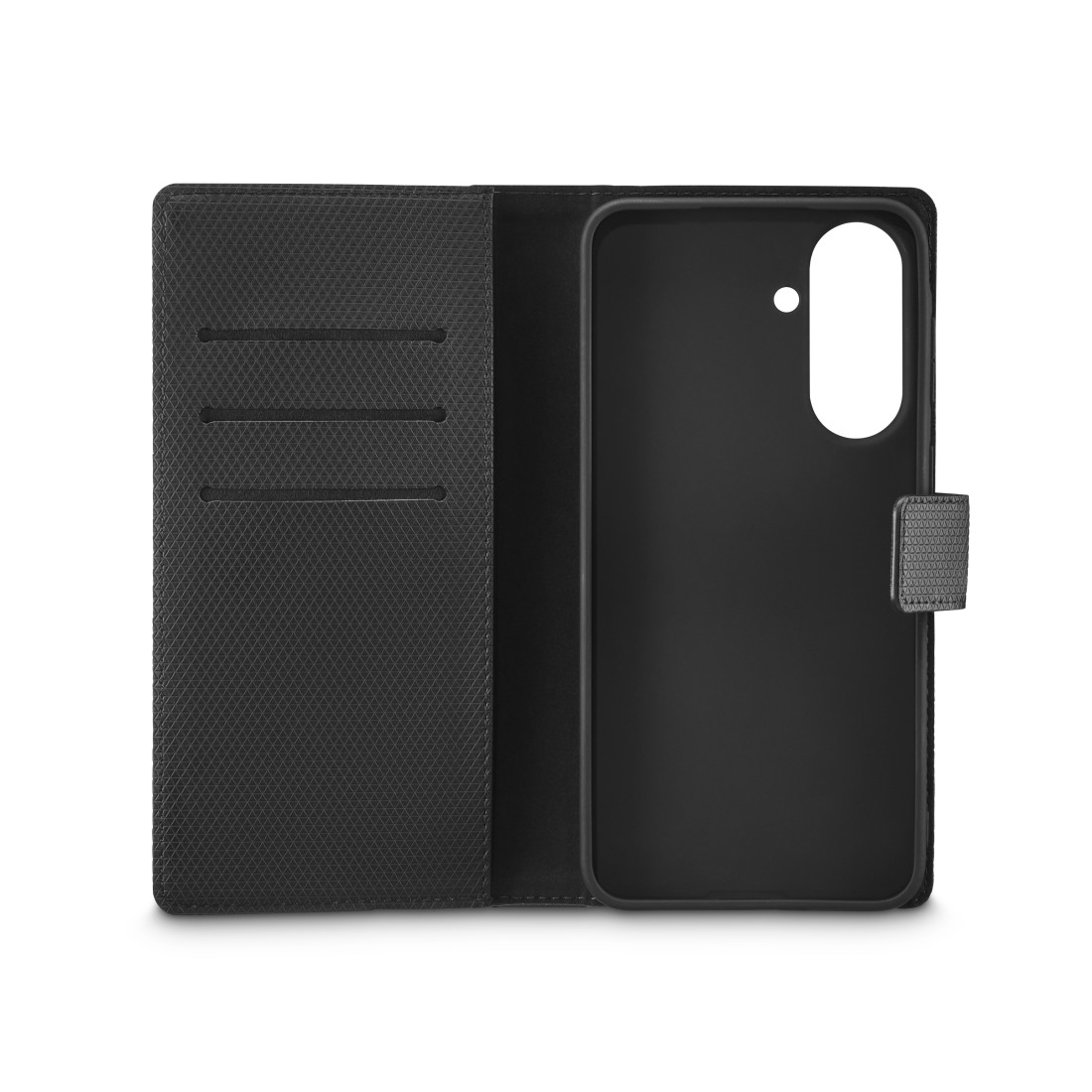 Schwarzes Handy Wallet mit Kartenfächern und Handyhalterung.