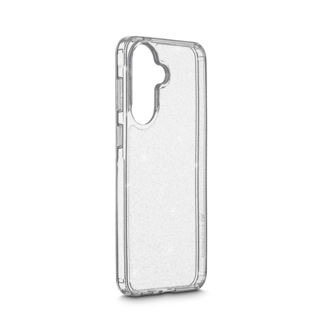 Transparente Handyhülle mit Glitzerpartikeln, das Kameramodul ist ausgeschnitten.