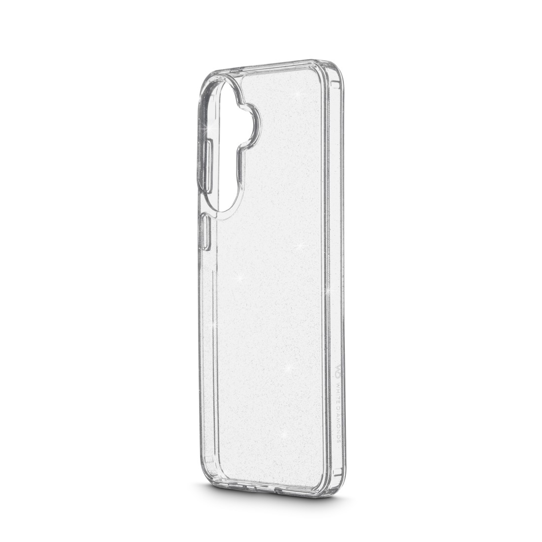 Transparente Handyhülle mit Glitzer-Akzenten, schützt das Gerät.