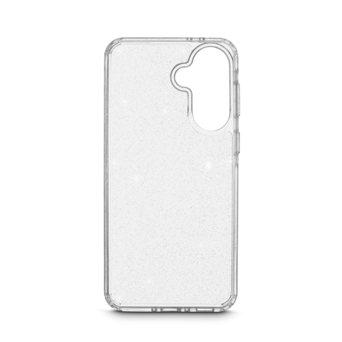 Transparente Handyhülle mit Glitzerpartikeln und Kameraaussparung.