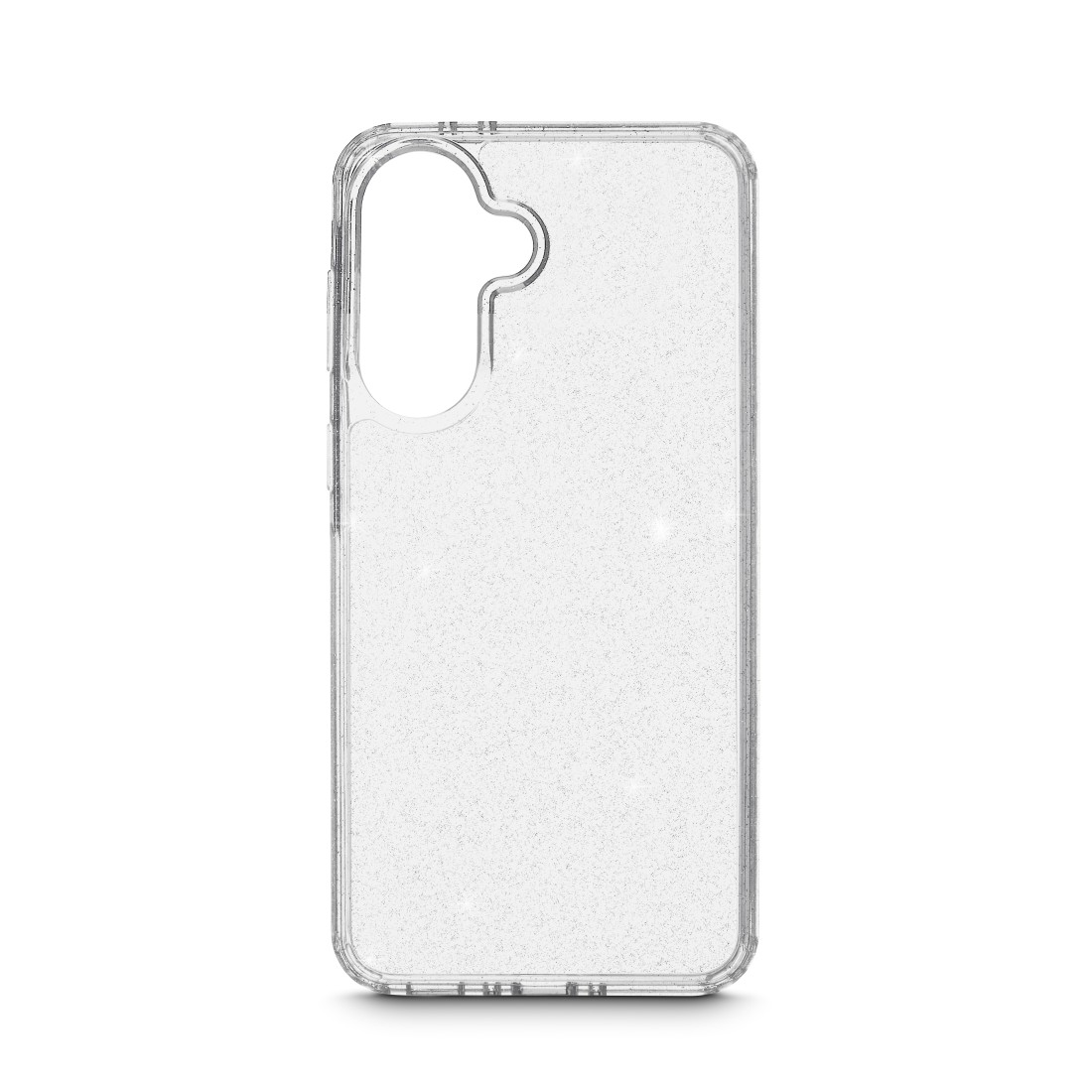 Transparente Handyhülle mit Glitzerpartikeln, für ein Smartphone.
