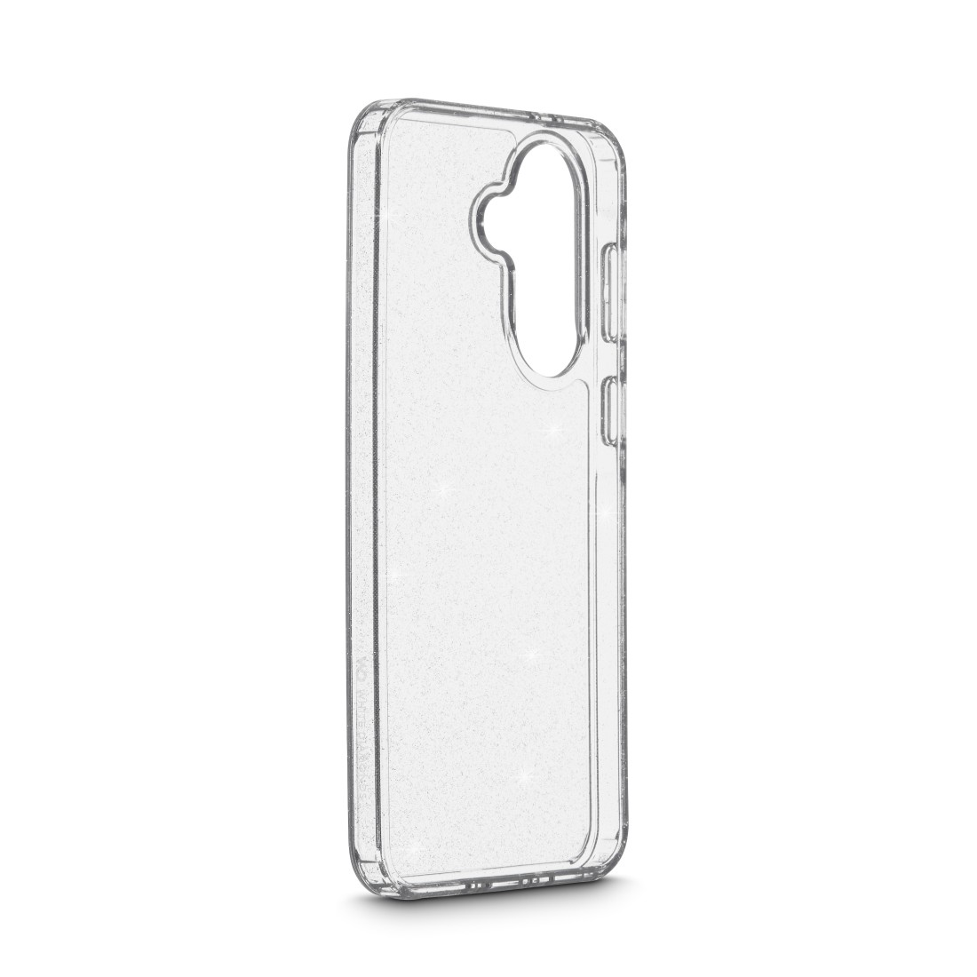 Transparente Handyhülle mit Glitzerpartikeln und Aussparungen für Kamera und Tasten.