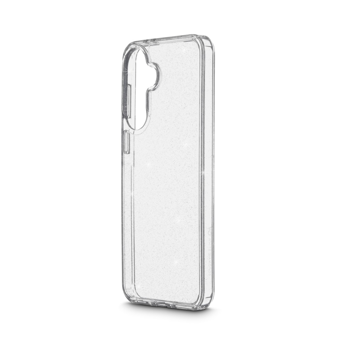 Transparente Handyhülle mit Glitzerpartikeln, auf weißem Hintergrund.