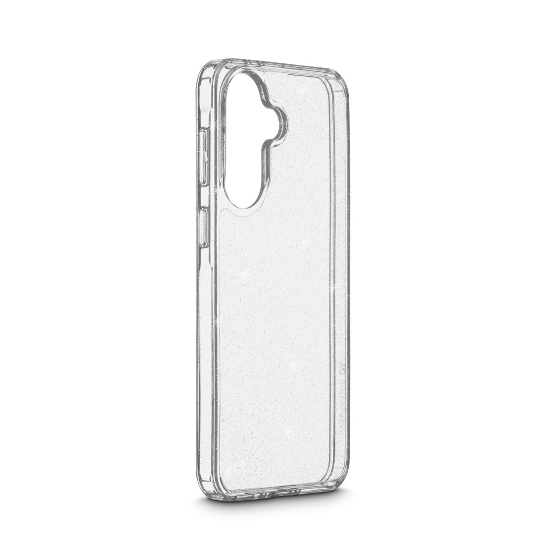 Transparente Handyhülle mit Glitzerpartikeln, mit Aussparung für Kamera und Tasten.