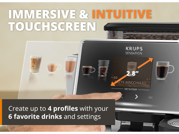 Krups Sensation Kaffeemaschine mit Touchscreen, zeigt Latte Macchiato.