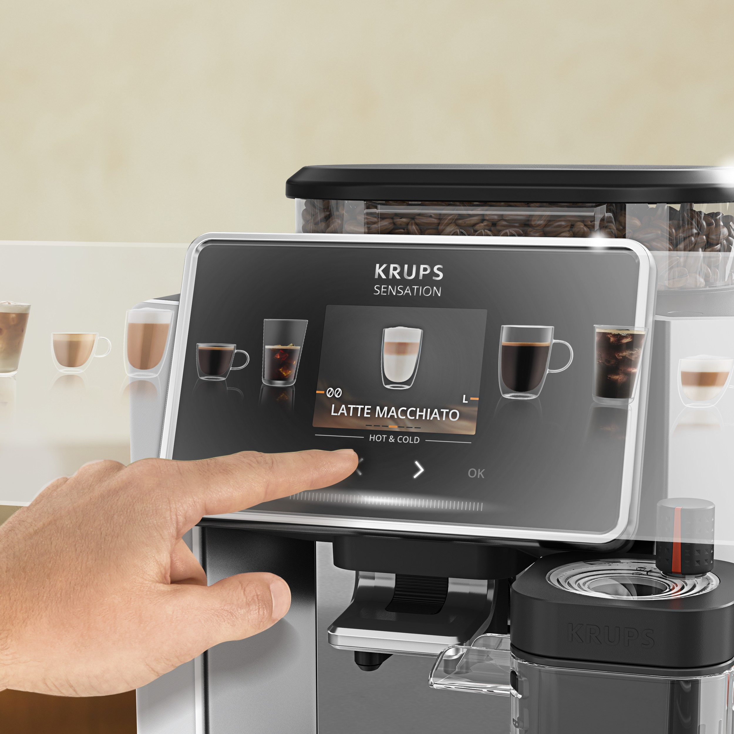 Ein Finger berührt den Bildschirm einer Kaffeemaschine, auf dem Latte Macchiato ausgewählt ist.