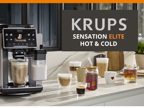 Krups Sensation Elite Kaffeemaschine macht Eiskaffee & heiße/kalte Getränke. Verschiedene Getränke gezeigt.