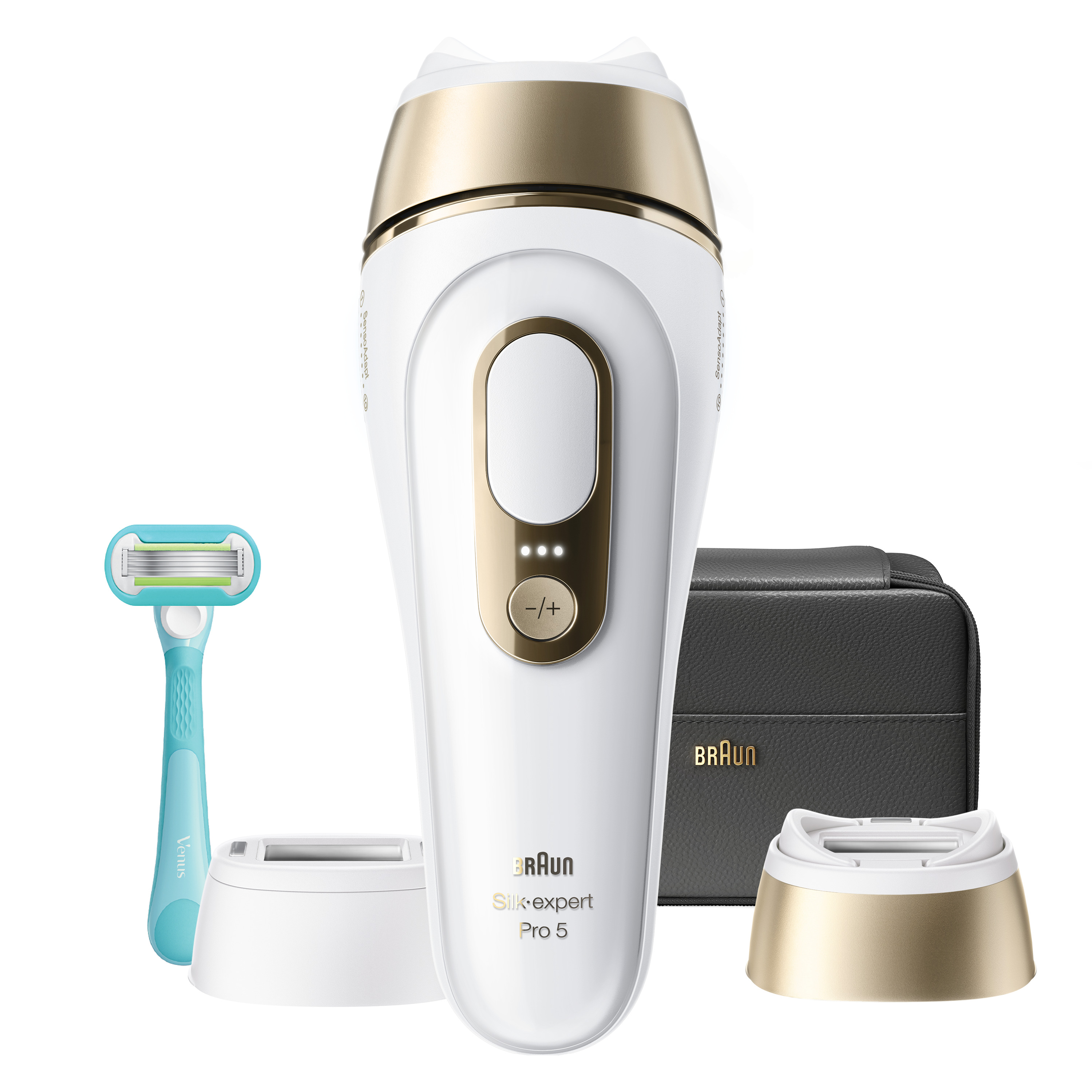 Braun Silk-expert Pro 5 IPL cihazı, Venus tıraş bıçağı, saklama çantası ve şarj stantları.