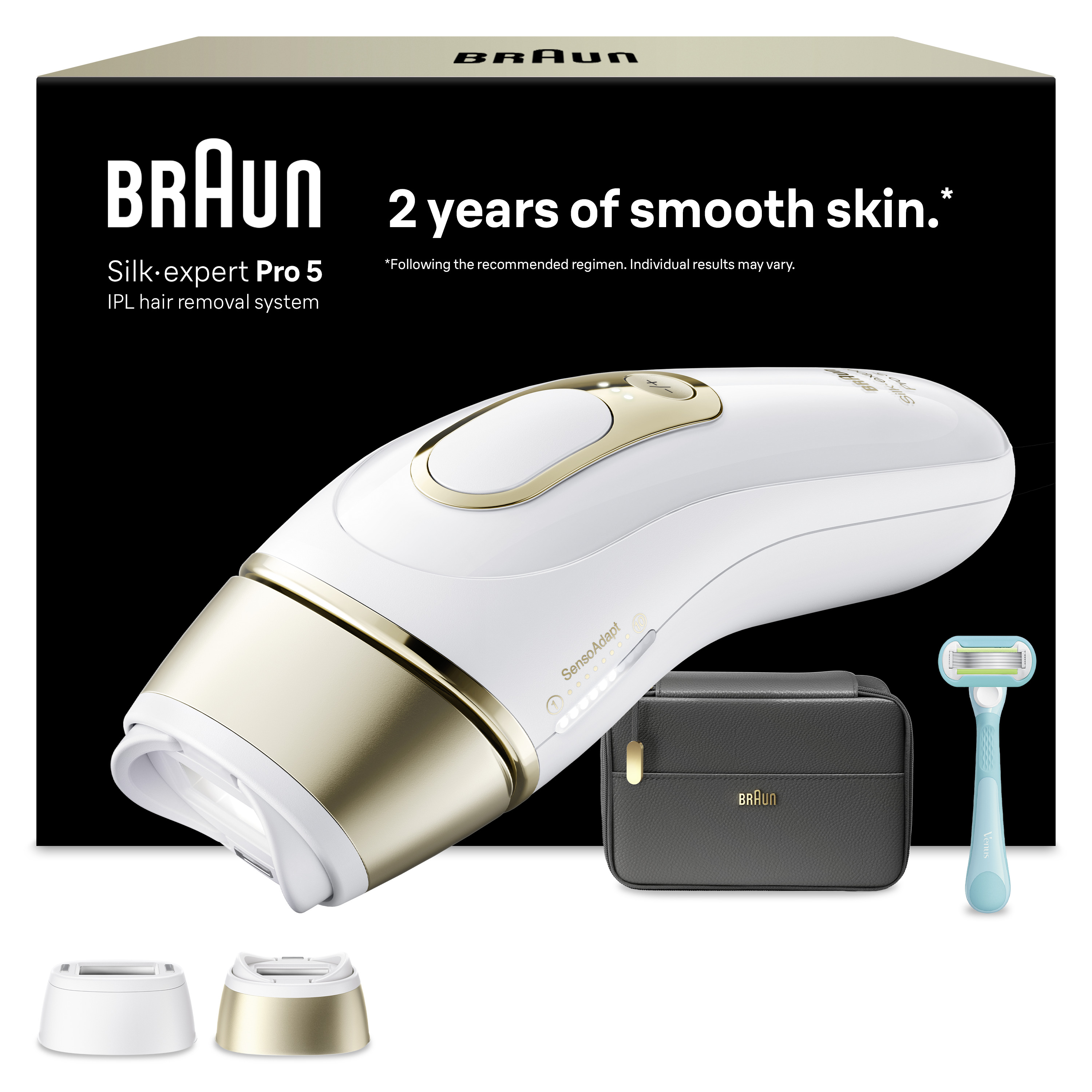 Braun Silk-expert Pro 5 IPL tüy dökücü sistem, Venus tıraş bıçağı ve kılıfı.