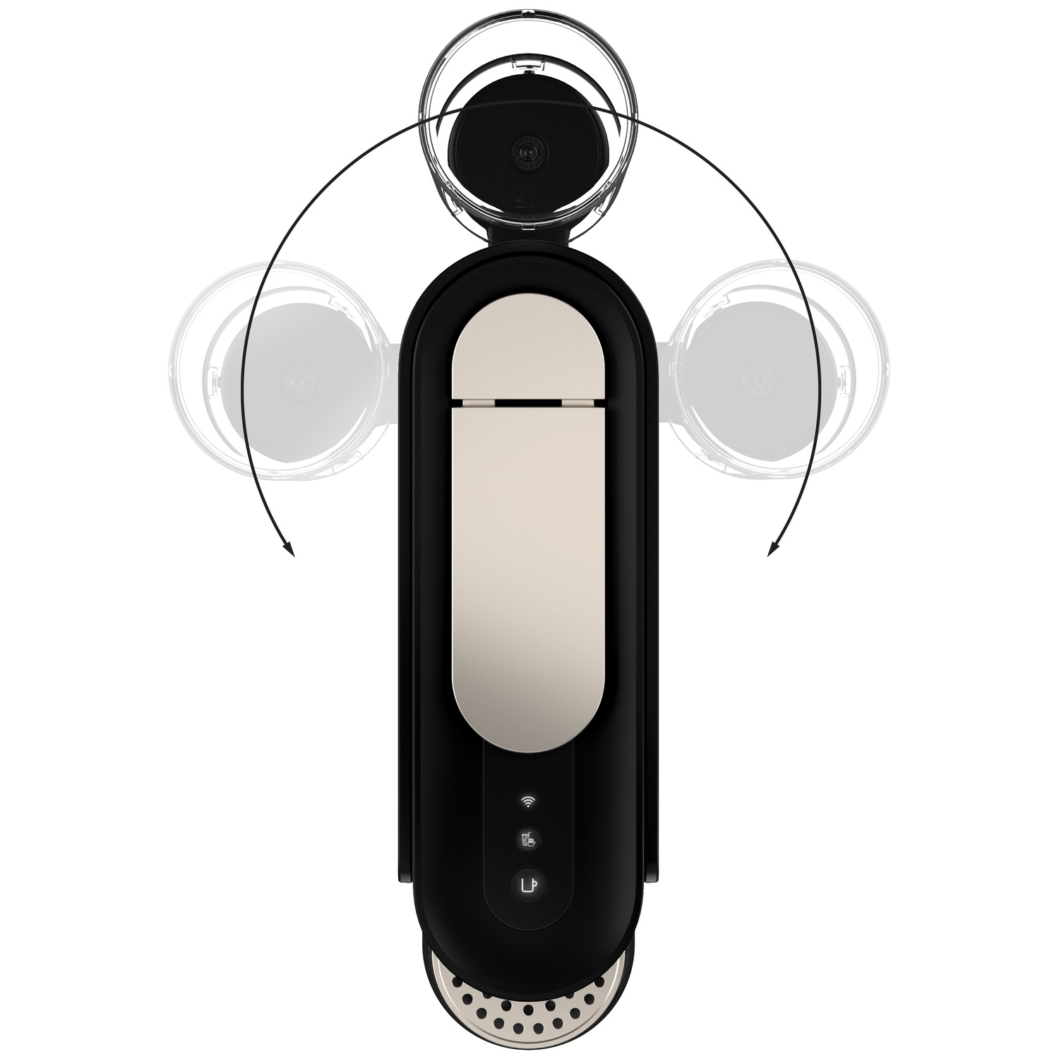 Machine à café noire avec accent argenté, vue de dessus.