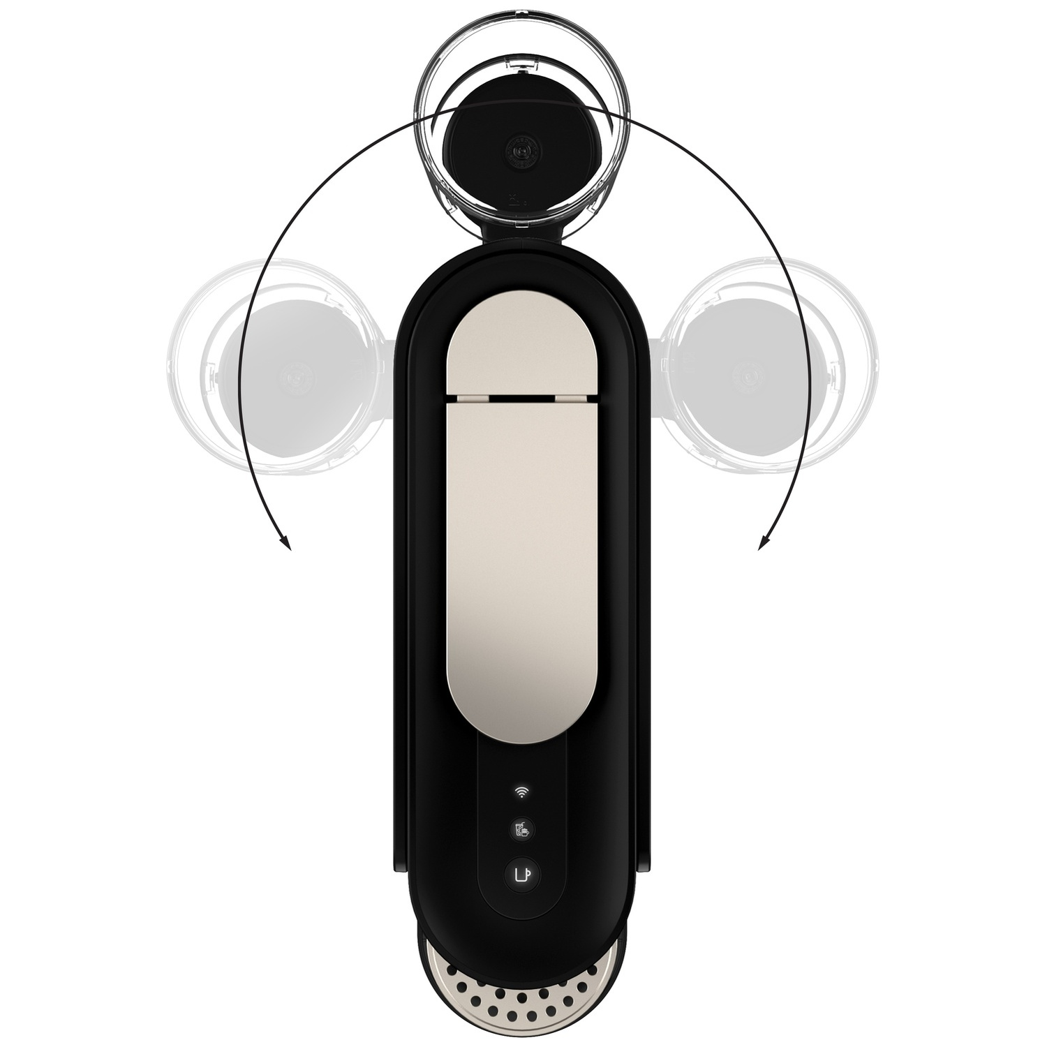 Zwarte koffiemachine met een lichtcrèmekleurig element en zilveren accenten. Bovenaanzicht.