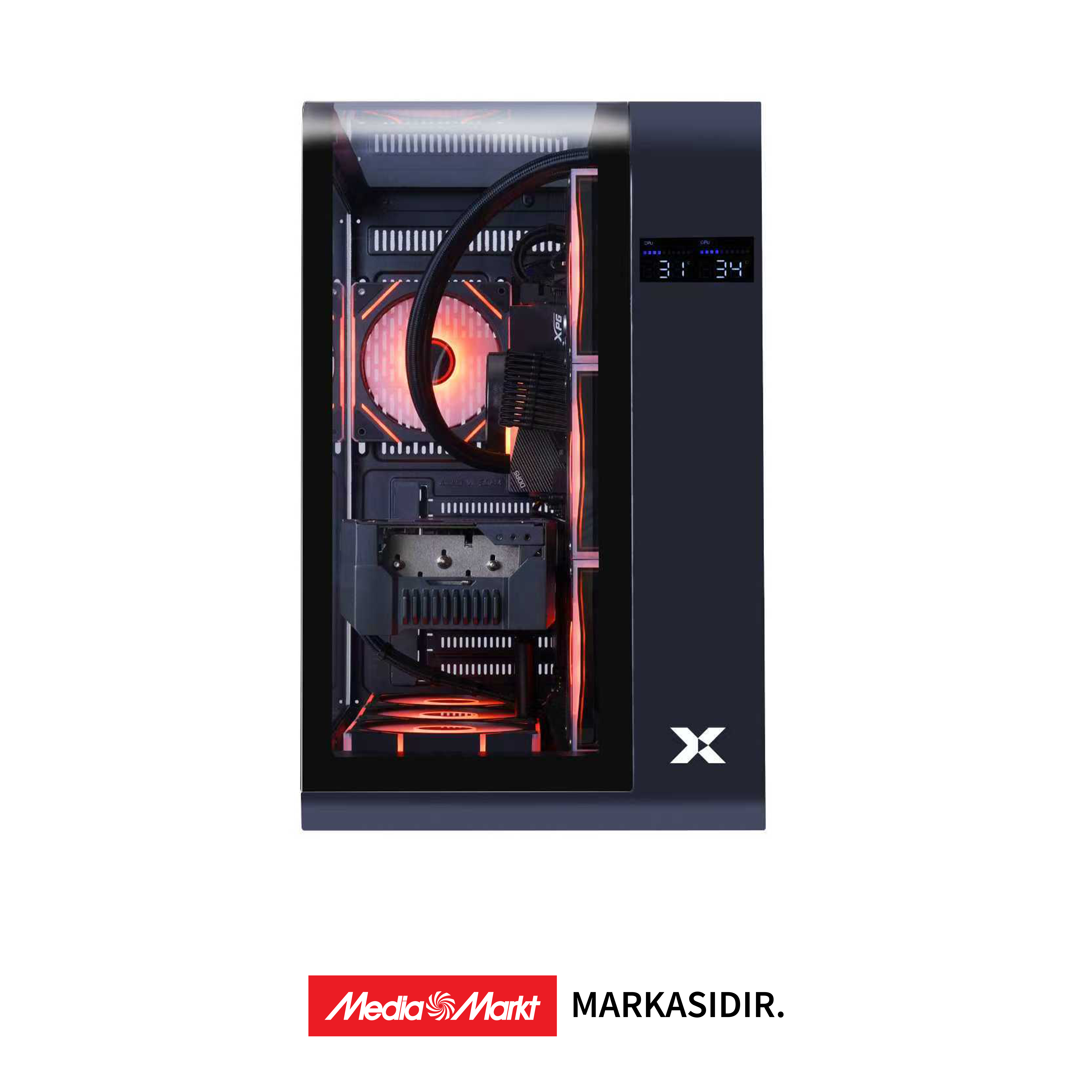 Aydınlatmalı fanları ve dijital ekranı olan koyu renkli PC kasası.