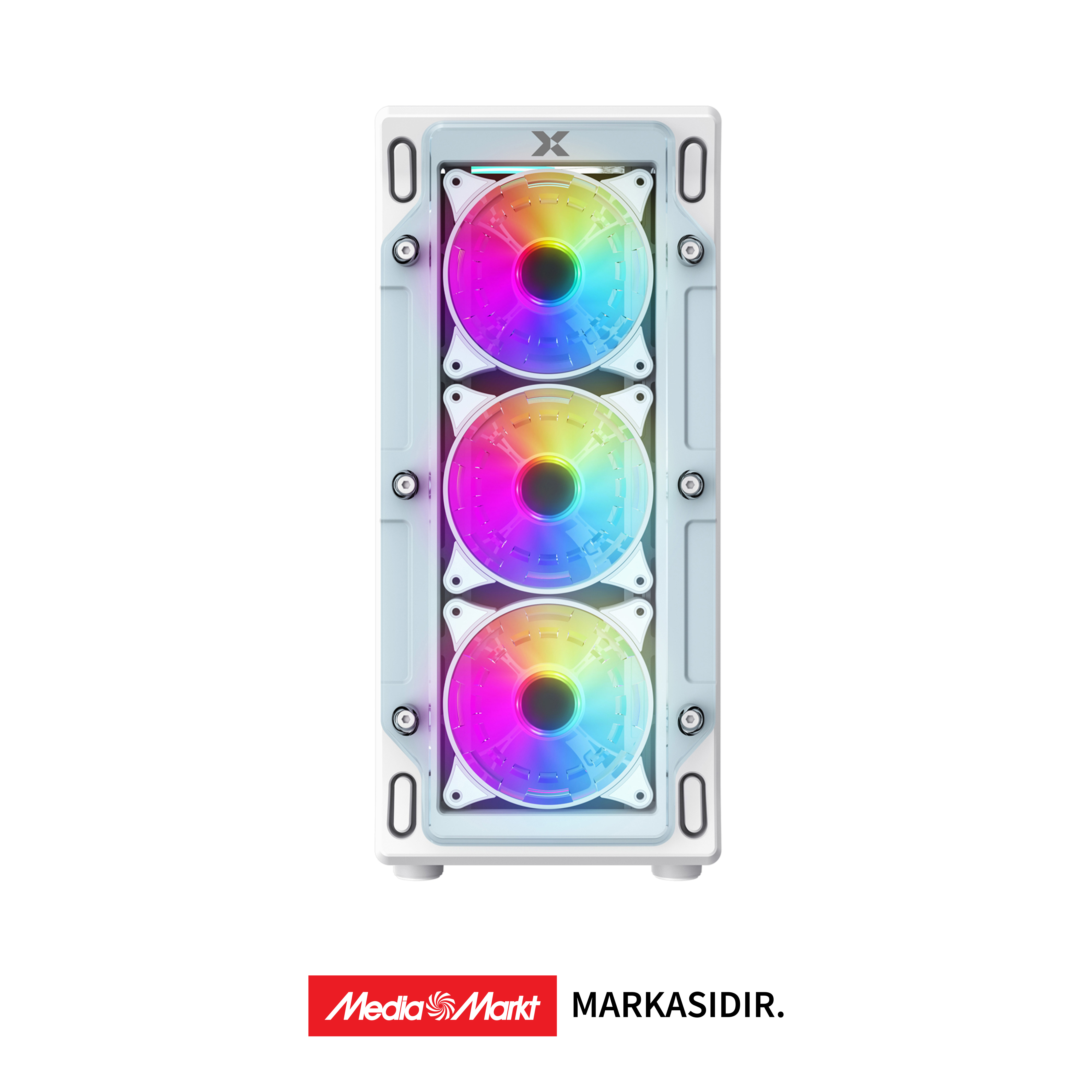 Üç RGB fanlı beyaz bilgisayar kasası. Altta MediaMarkt ve MARKASIDIR logoları.