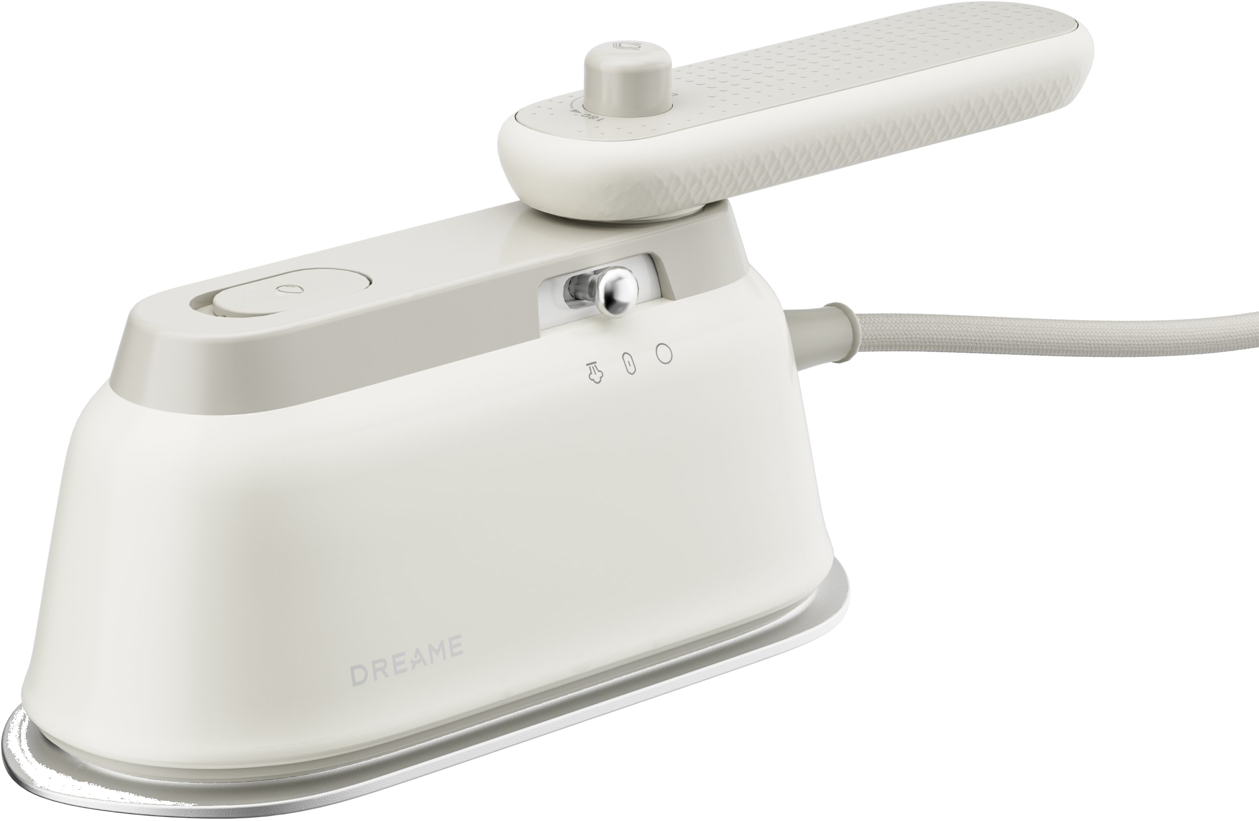 Białe żelazko parowe z pokrętłem i przełącznikiem, na czarnym tle.