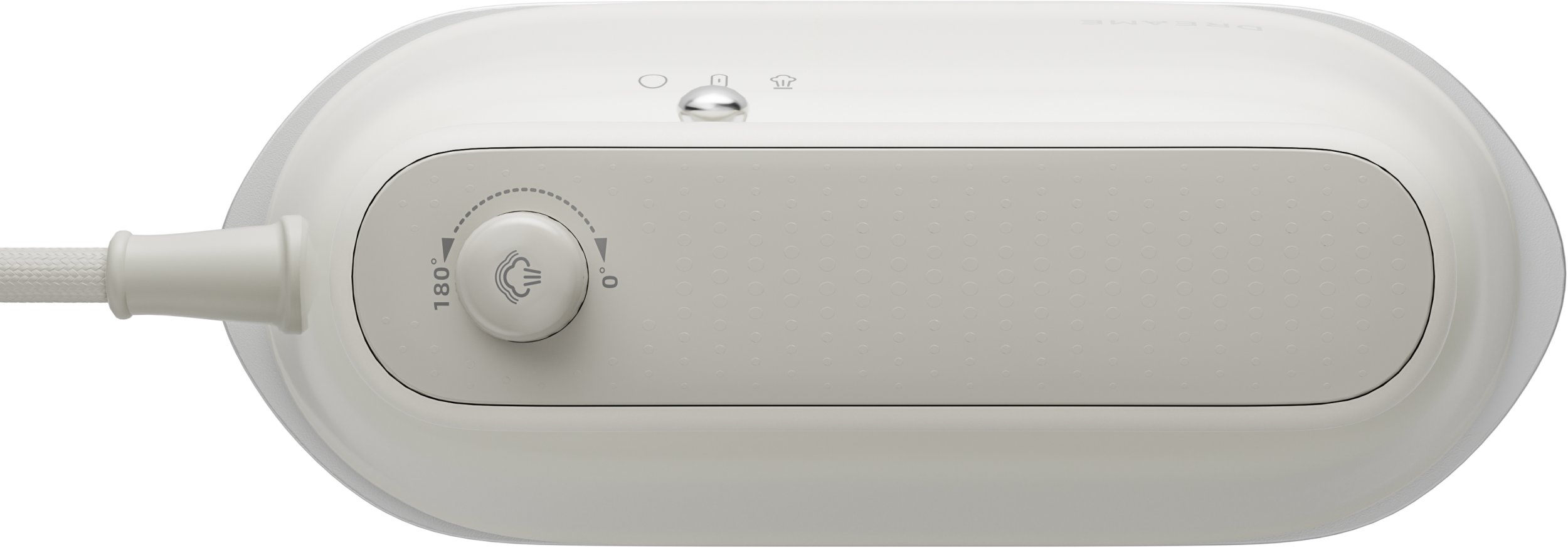 Białe pokrętło sterujące żelazka parowego z oznaczeniami 0-180 stopni i ikoną pary.