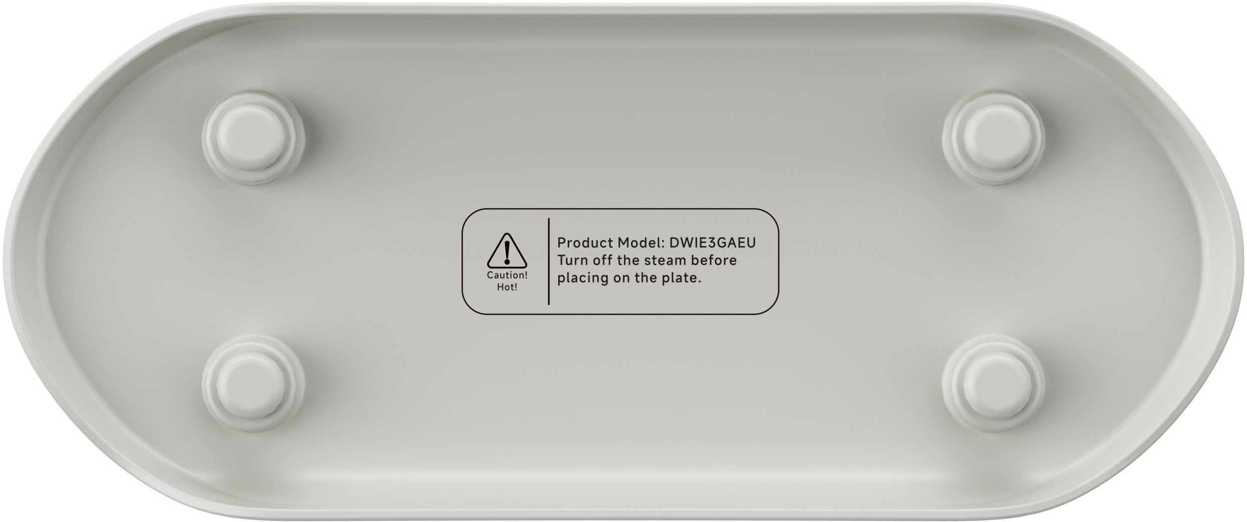 Biały spód z czterema nóżkami i etykietą ostrzegawczą.