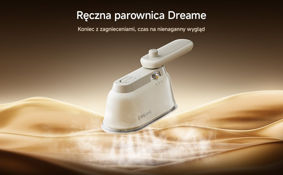 Beżowy parownica ręczna Dreame na falistej złotej powierzchni z wydobywającą się parą.