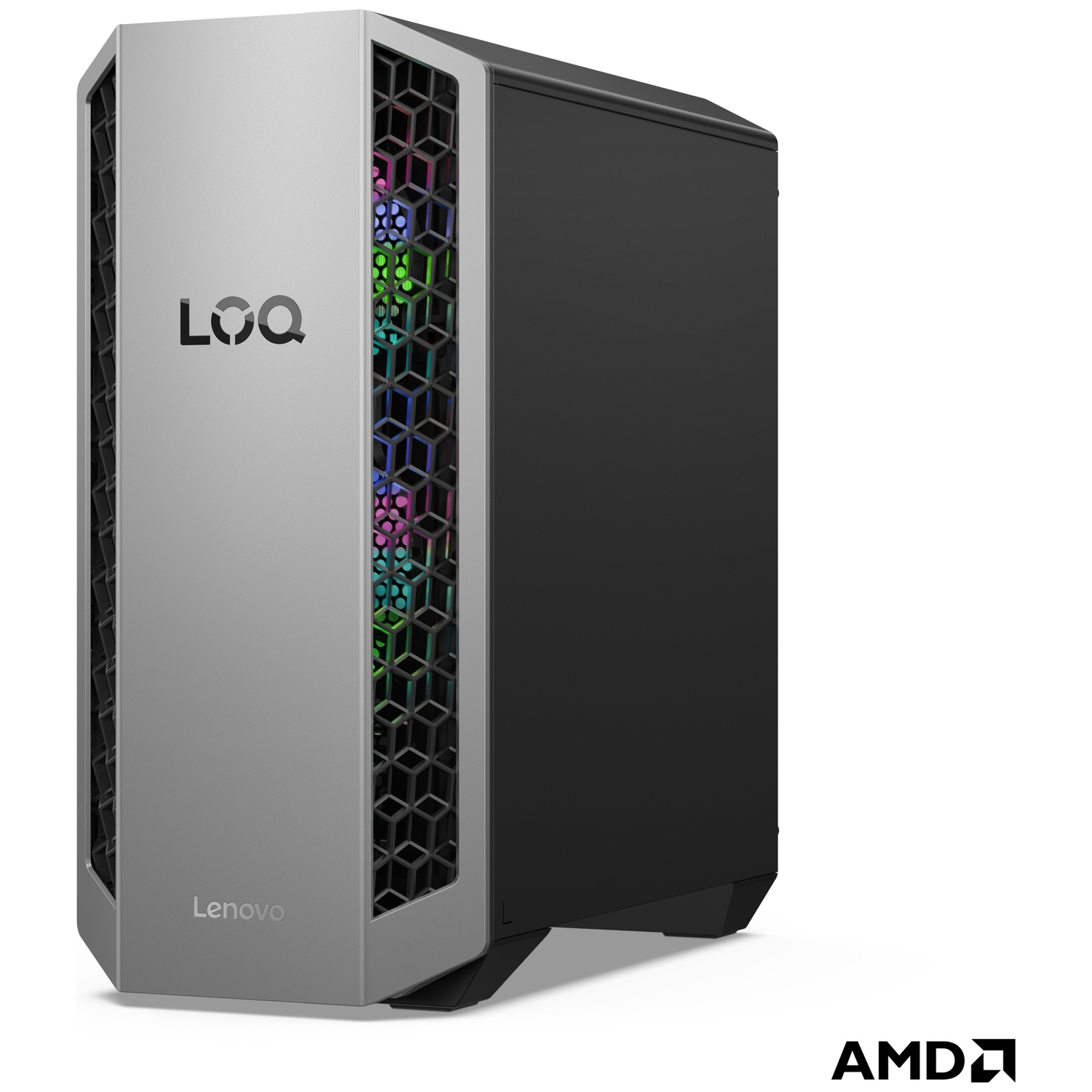 Un PC gamer argenté avec boîtier noir et ventilateurs éclairés.