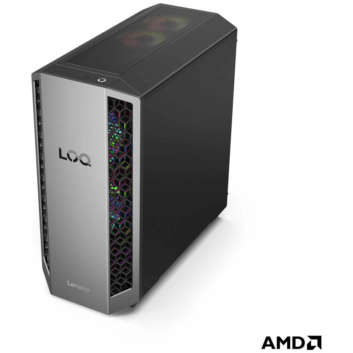 Un PC gaming Lenovo noir et argent avec éclairage RGB, évents latéraux et logo AMD.