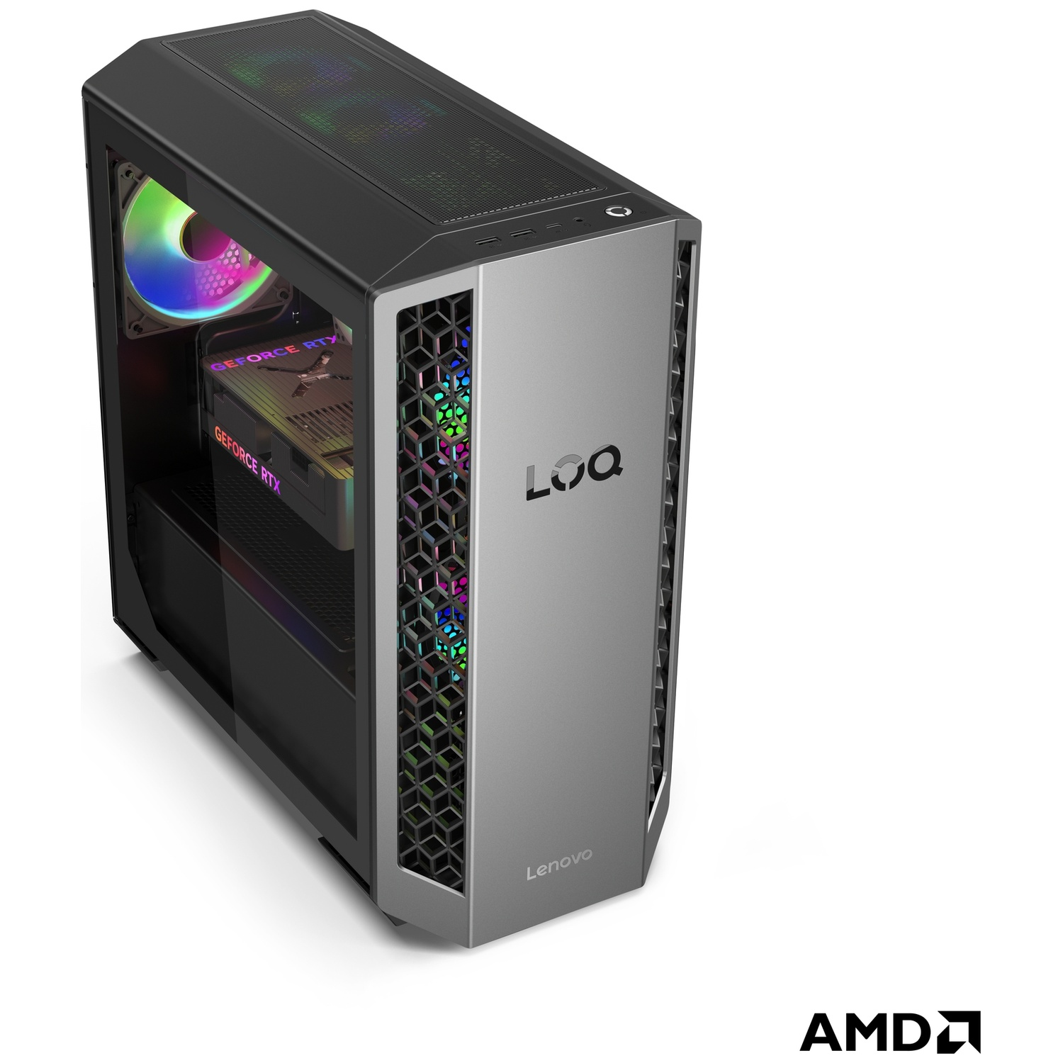 Un PC gaming Lenovo noir avec côté en verre, ventilateur RGB et carte graphique.