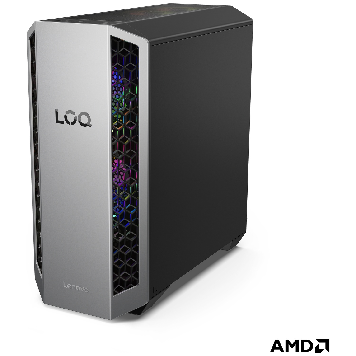 Un PC gamer argenté et noir avec éclairage RVB. Le logo 'LOQ' est visible.