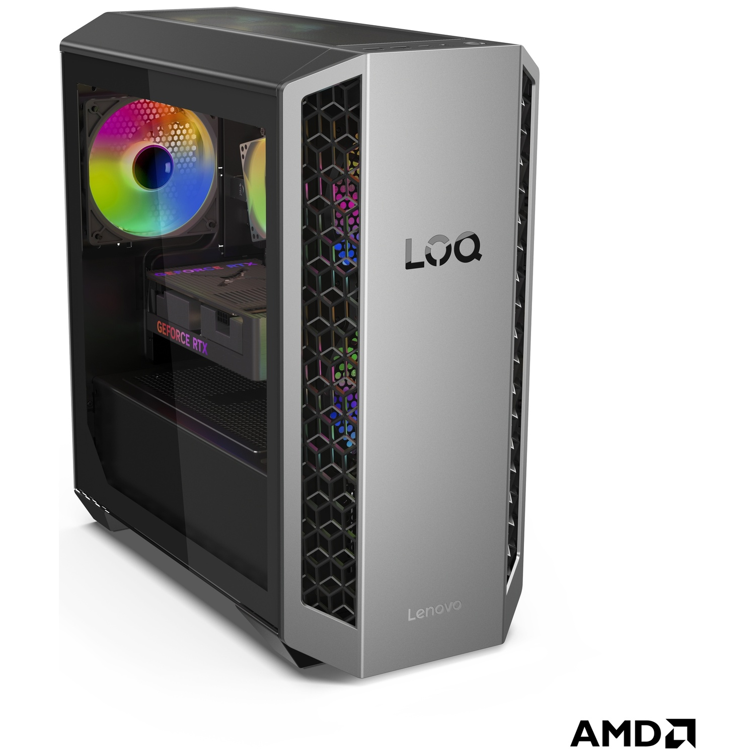 PC gamer argenté avec panneau latéral en verre et ventilateurs RGB.