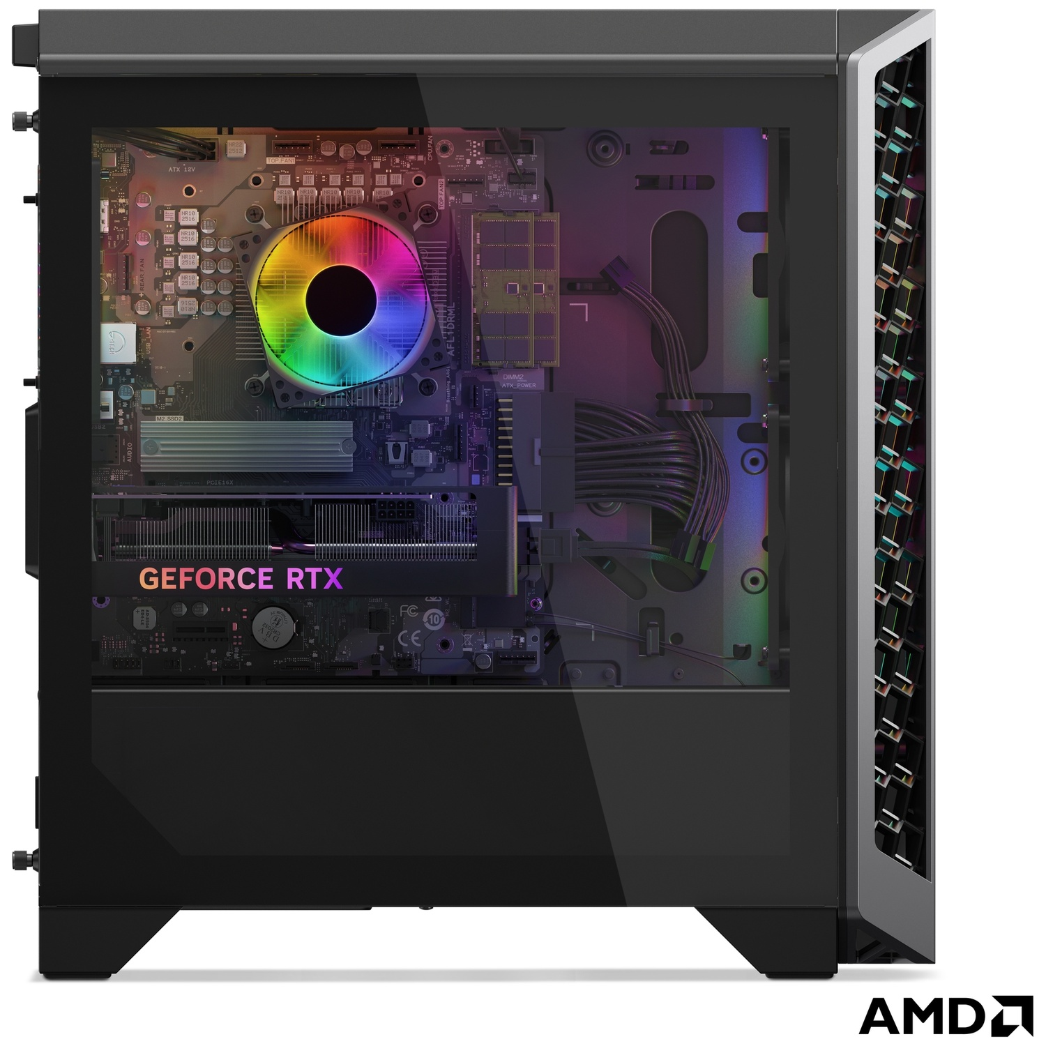 Un boîtier de PC avec panneau latéral transparent, montrant un refroidissement CPU RVB, une carte graphique RTX et des câbles.