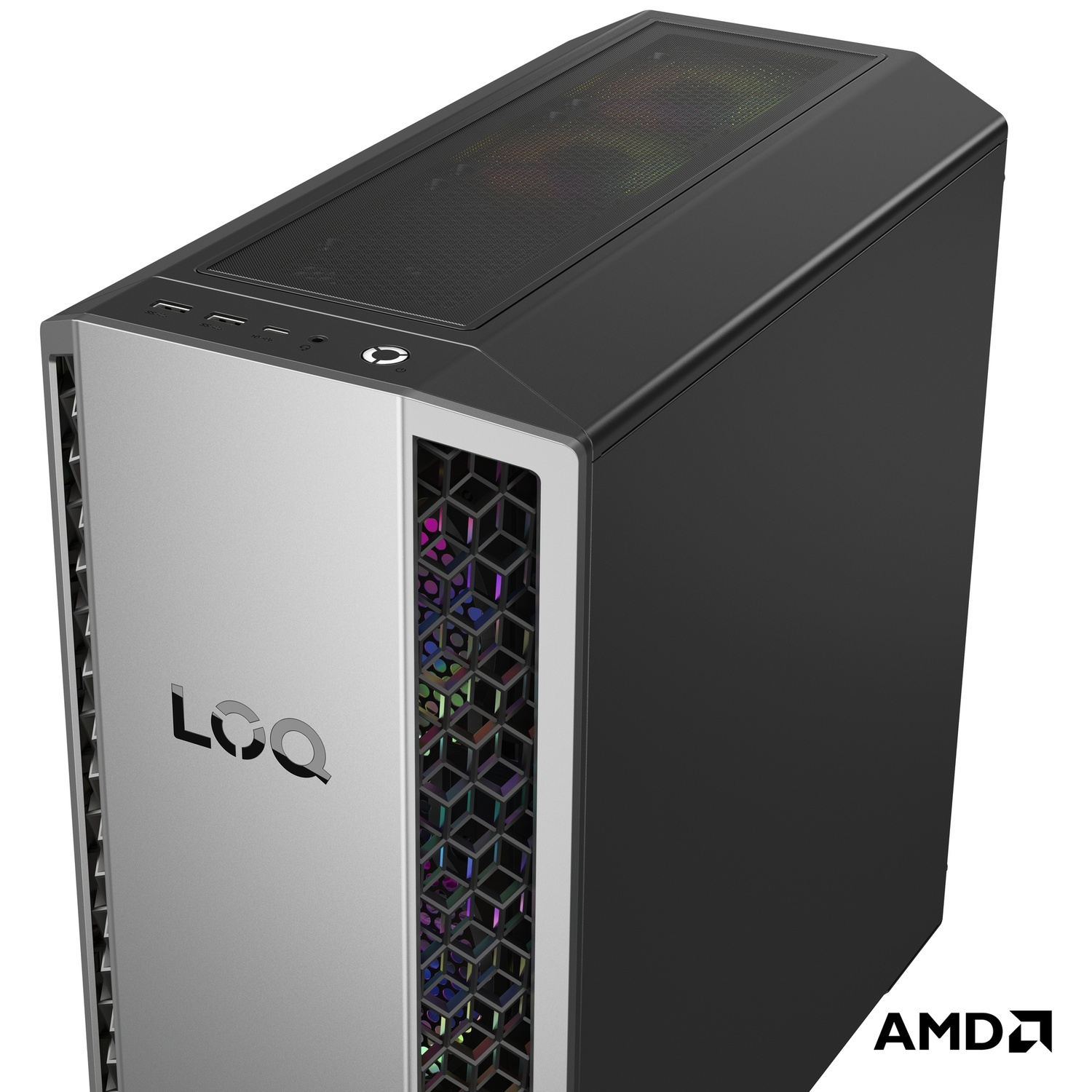 Boîtier PC noir avec façade argentée, ventilateurs RGB et logo AMD.
