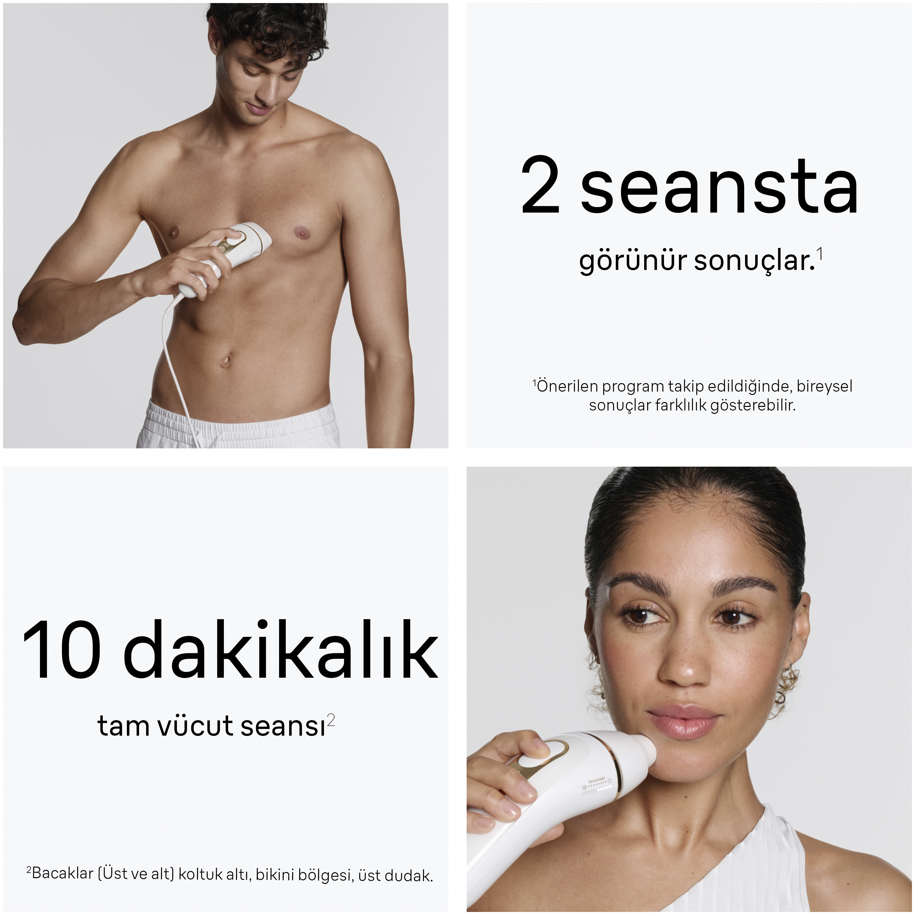 Erkek, sonuçlar hakkındaki metnin yanında IPL epilasyon cihazı kullanıyor.