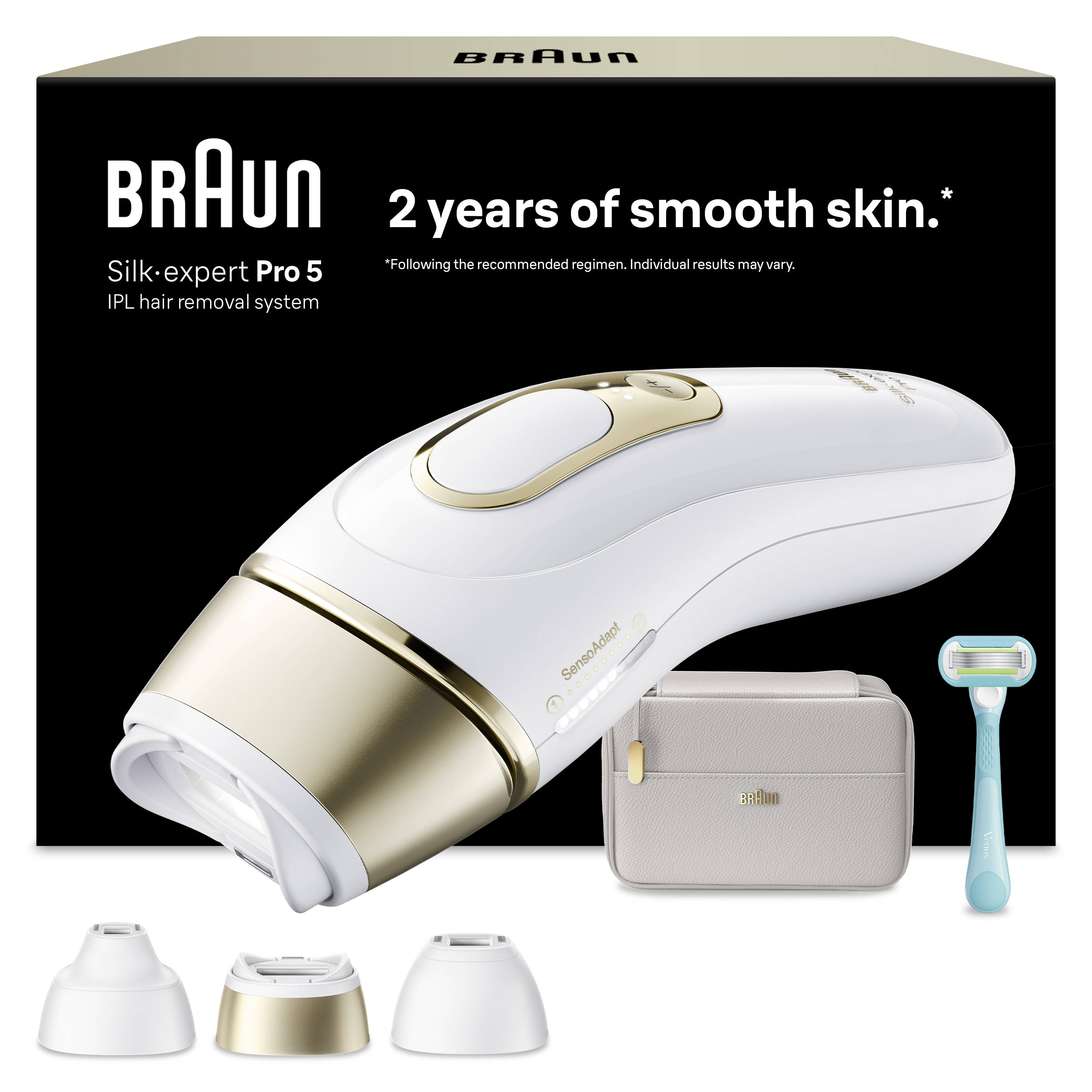 Braun Silk-expert Pro 5 IPL epilasyon cihazı aksesuarlar ve tıraş bıçağı ile.