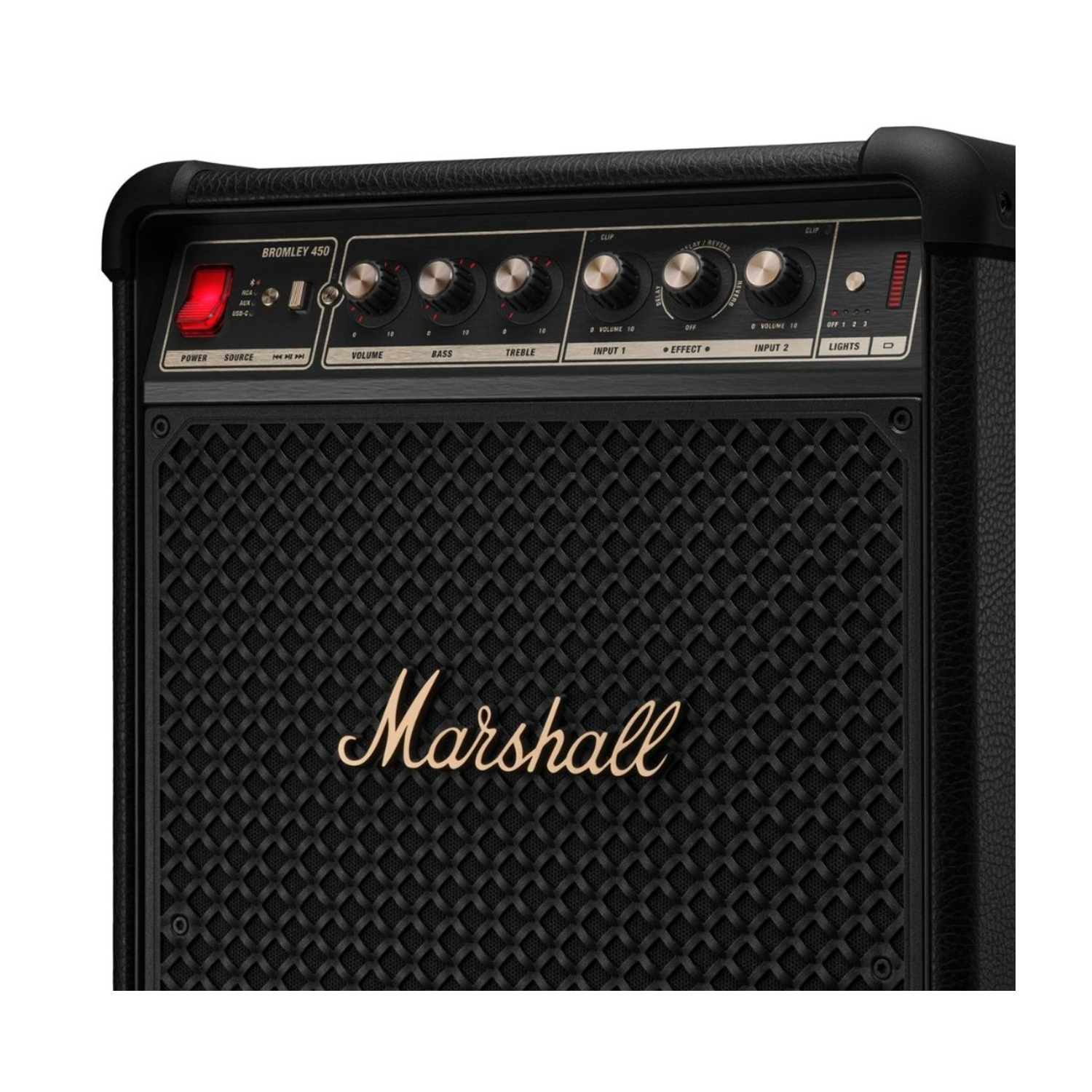 Un amplificatore per chitarra Marshall nero con logo dorato e manopole di controllo.