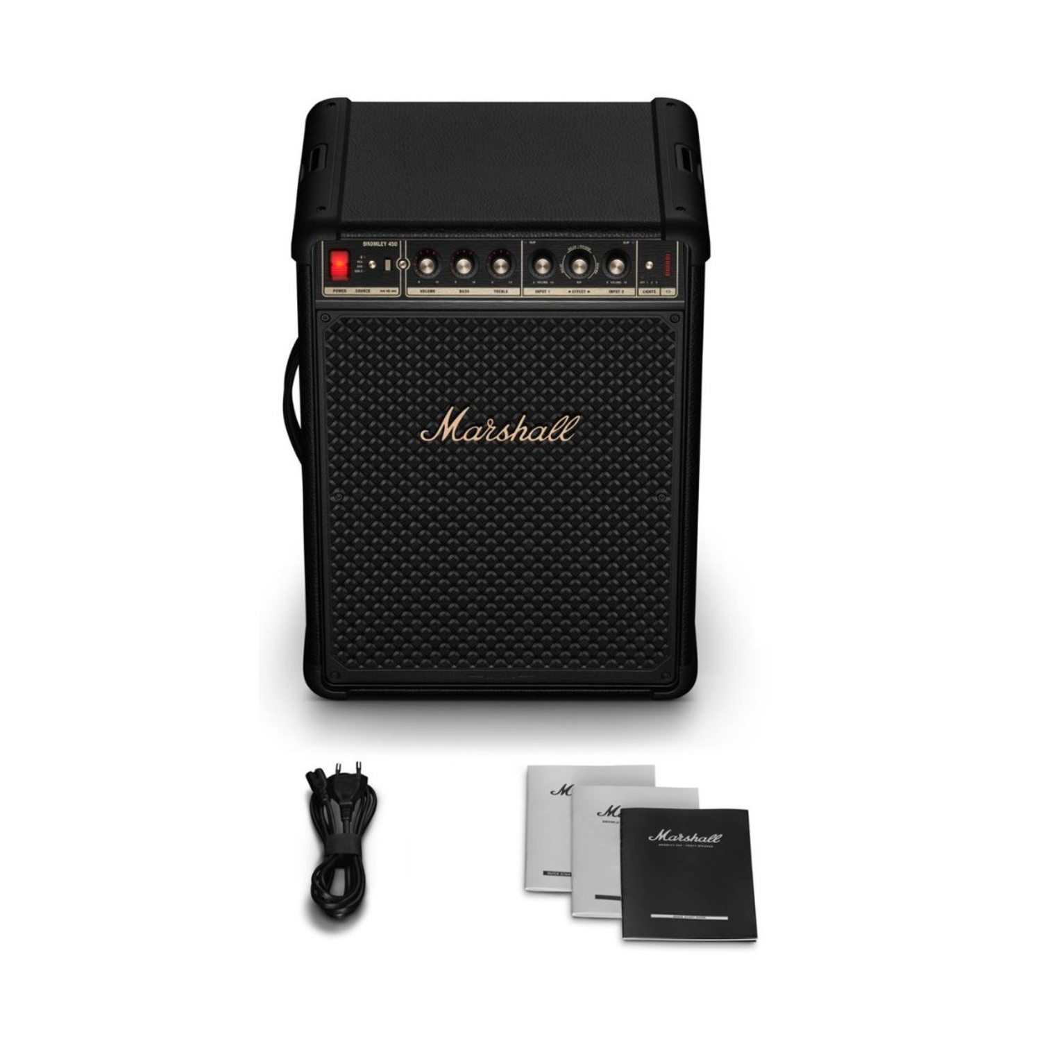 Amplificatore Marshall nero con cavo e manuali.