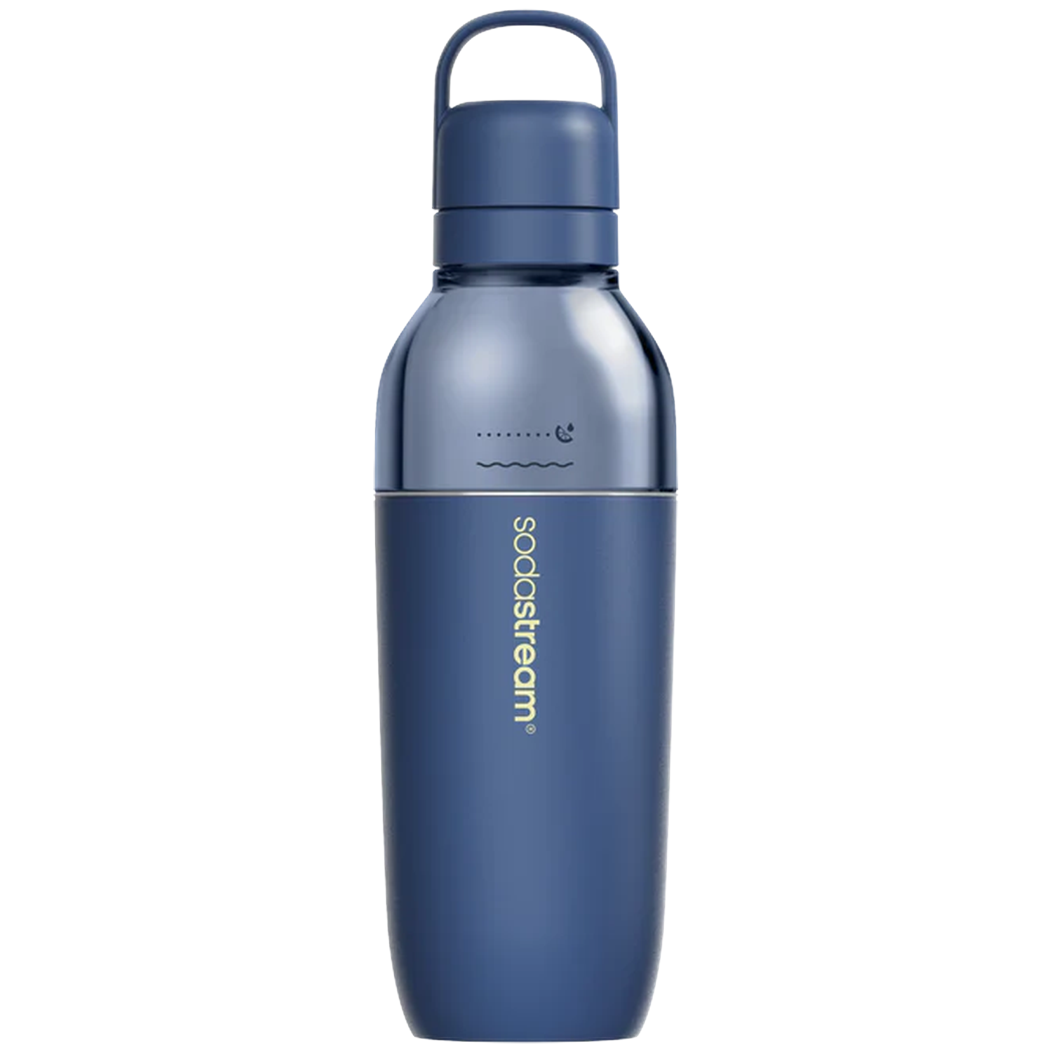 Une bouteille Sodastream bleue avec poignée et détail argenté.