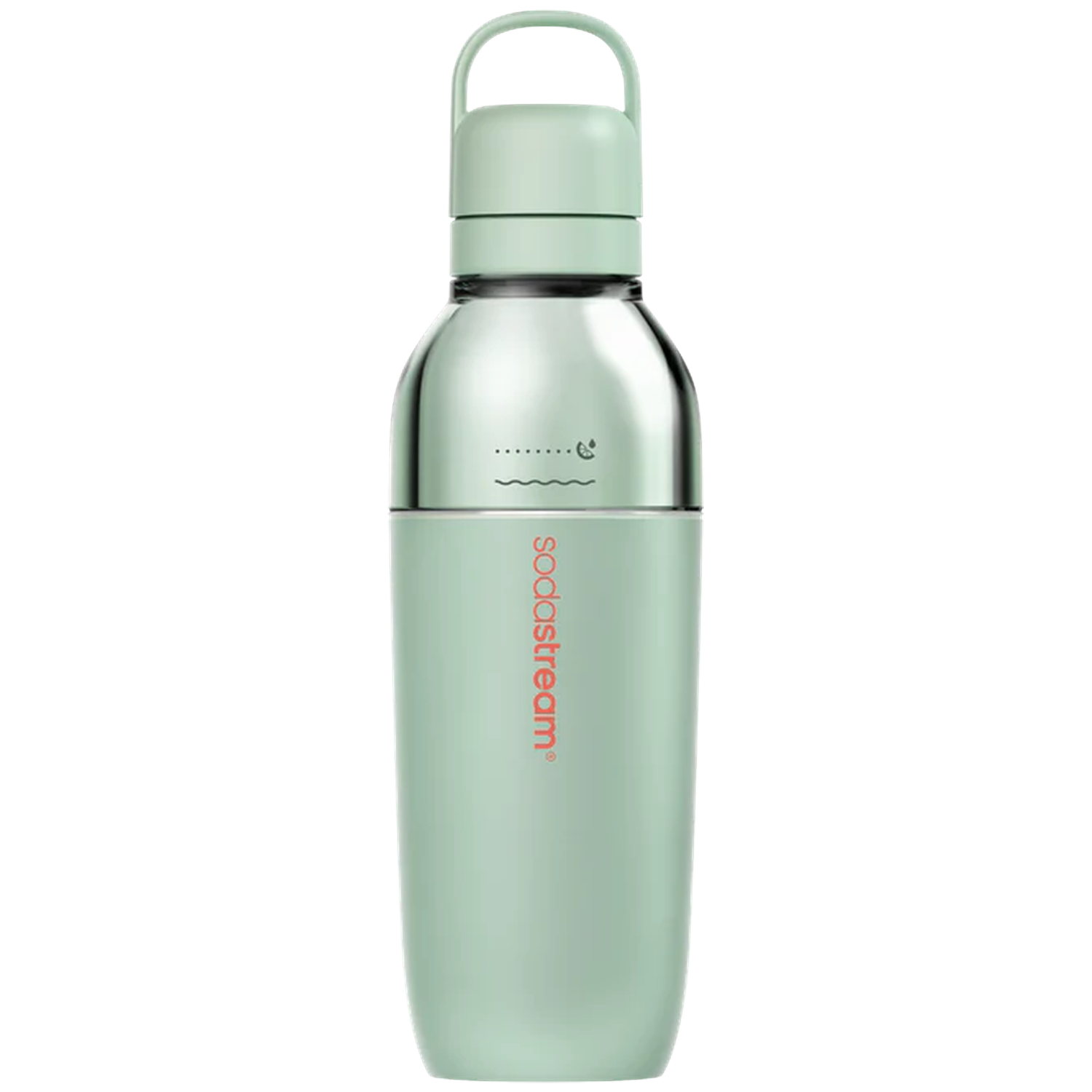 Une bouteille Sodastream vert pâle avec un dessus argenté et une poignée.