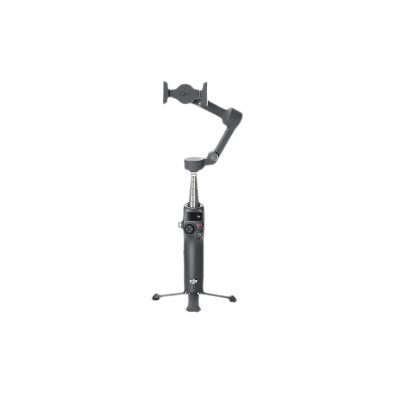 Un gimbal DJI OM 5 grigio scuro con supporto per telefono e gambe del treppiede è mostrato su sfondo nero.