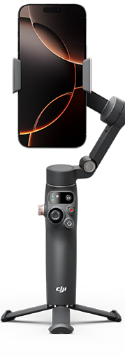Un gimbal nero per smartphone con treppiede e uno smartphone su sfondo scuro.