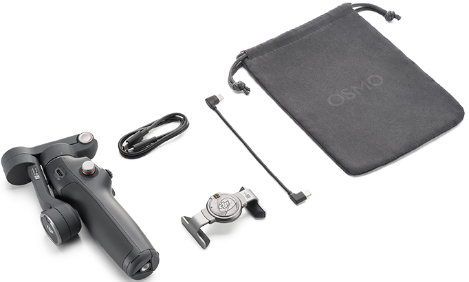 Un gimbal grigio, cavi e una custodia in stoffa con logo OSMO.