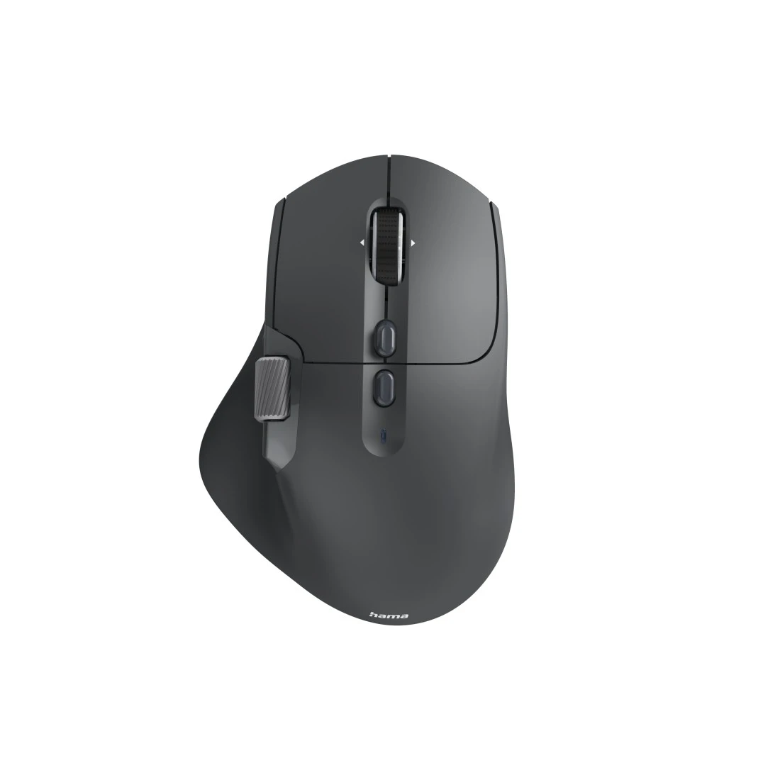 Ciemna, ergonomiczna mysz komputerowa z kółkiem przewijania i dodatkowymi przyciskami.