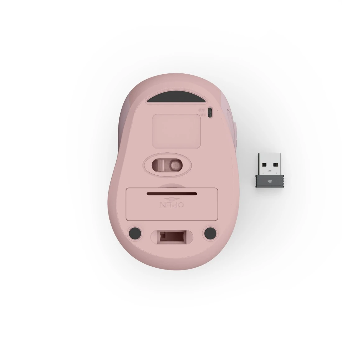 Spód różowej myszy komputerowej z odbiornikiem USB obok.