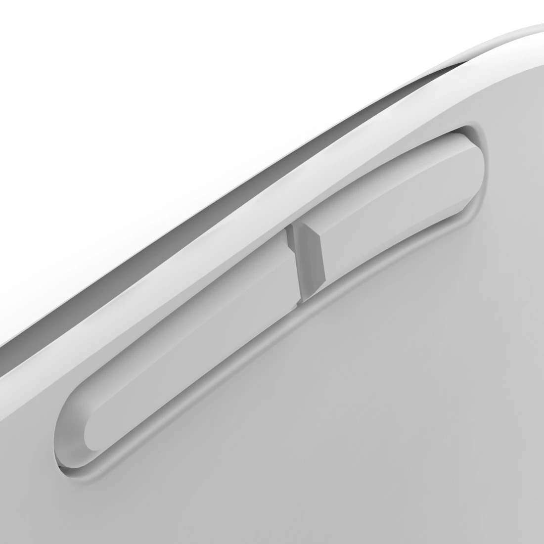 Zbliżenie białego przycisku na białym urządzeniu, część suwaka.