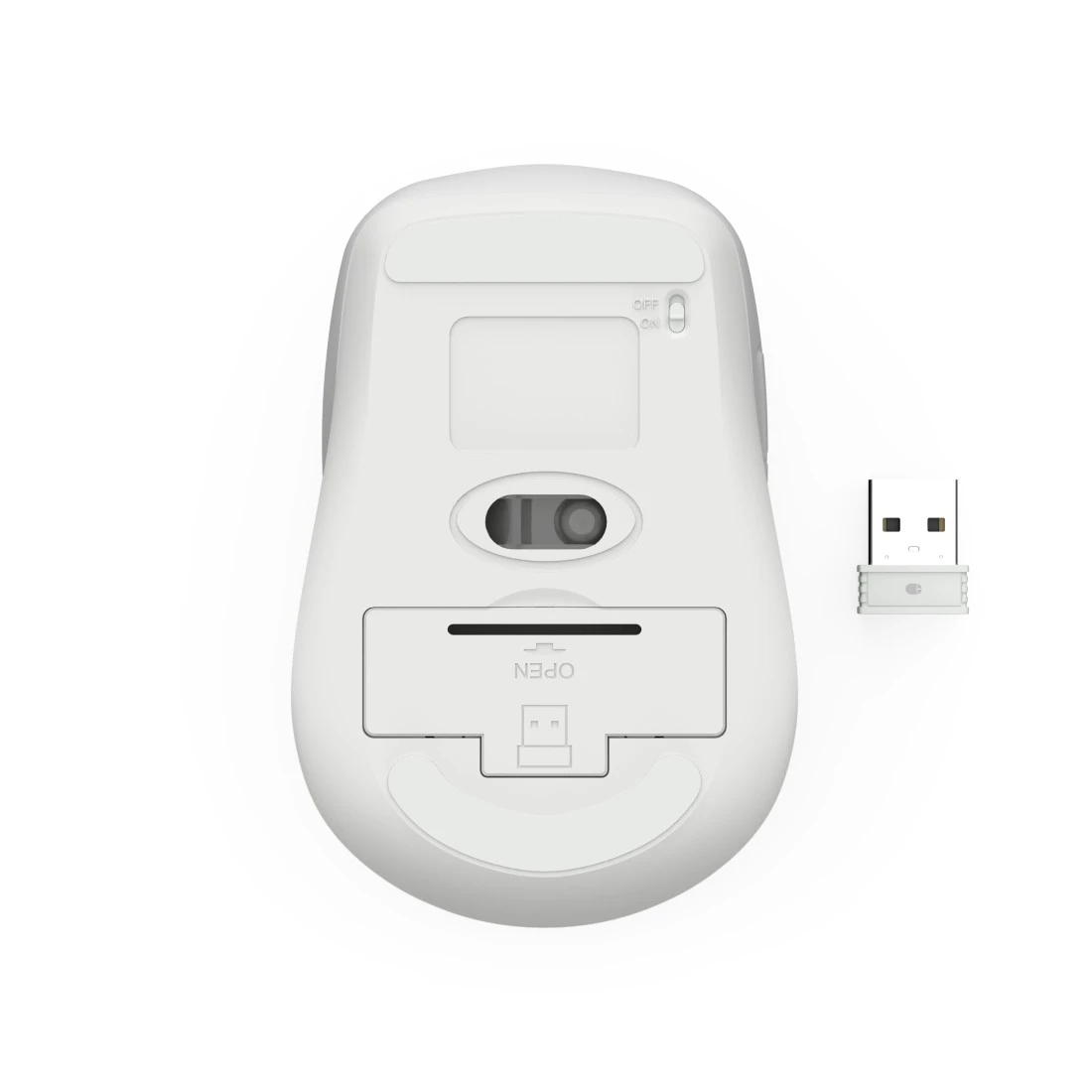 Biała mysz komputerowa z donglem USB, widok od spodu.