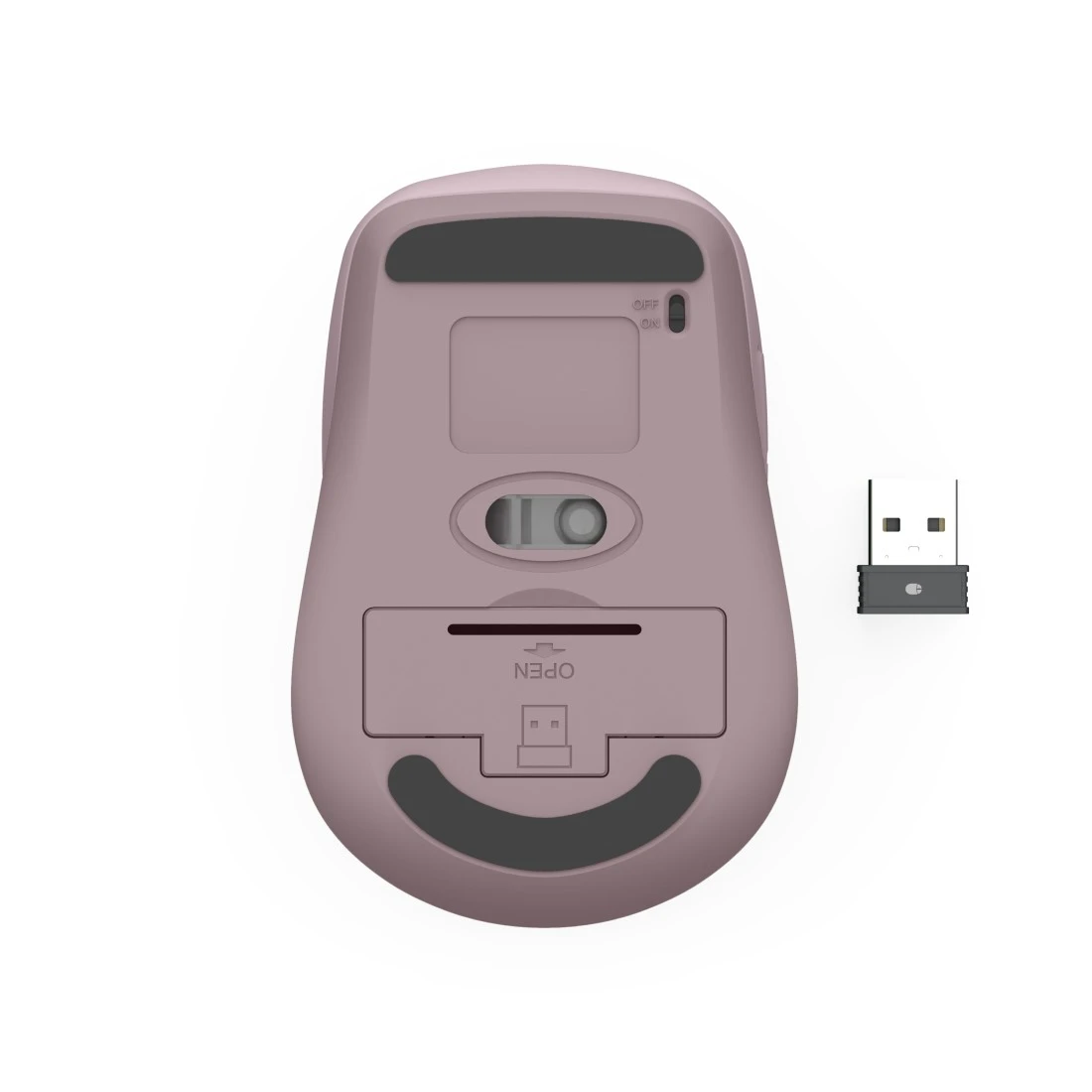 Spód myszy w kolorze malwy z obok umieszczonym kluczem USB.