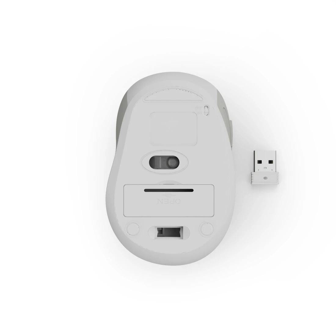 Biała mysz komputerowa i odbiornik USB na białym tle.