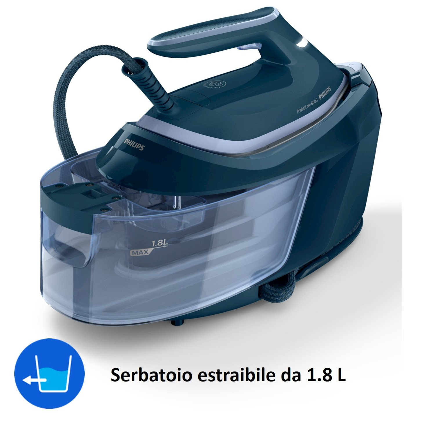 Ferro da stiro a vapore con serbatoio estraibile da 1.8L, blu.